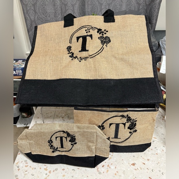 3-Piece Jute “T” Black/Khaki Tote Bag Set - Picture 3 of 14